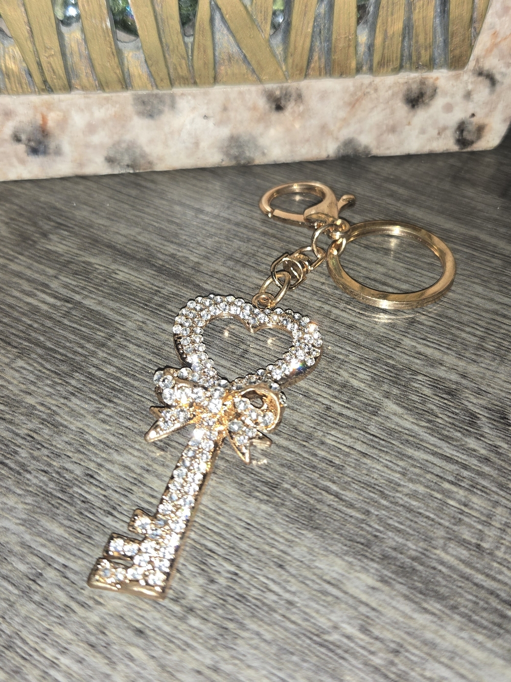 Gold Crystal Heart Key Charm Keychain